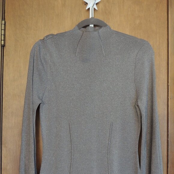 Eva Mendes Metallic Shimmer Mock-Neck Midi Dress – Long Sleeve, Gray Silver, Siz - Picture 2 of 7